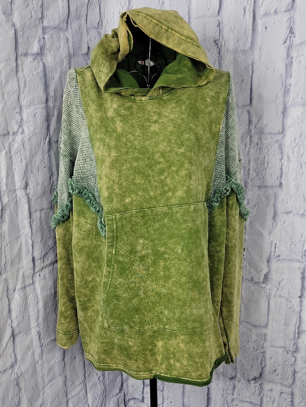 Bibi Olive Green Mineral Wash Hoodie Mesh Sleeve‎ Detail Medium